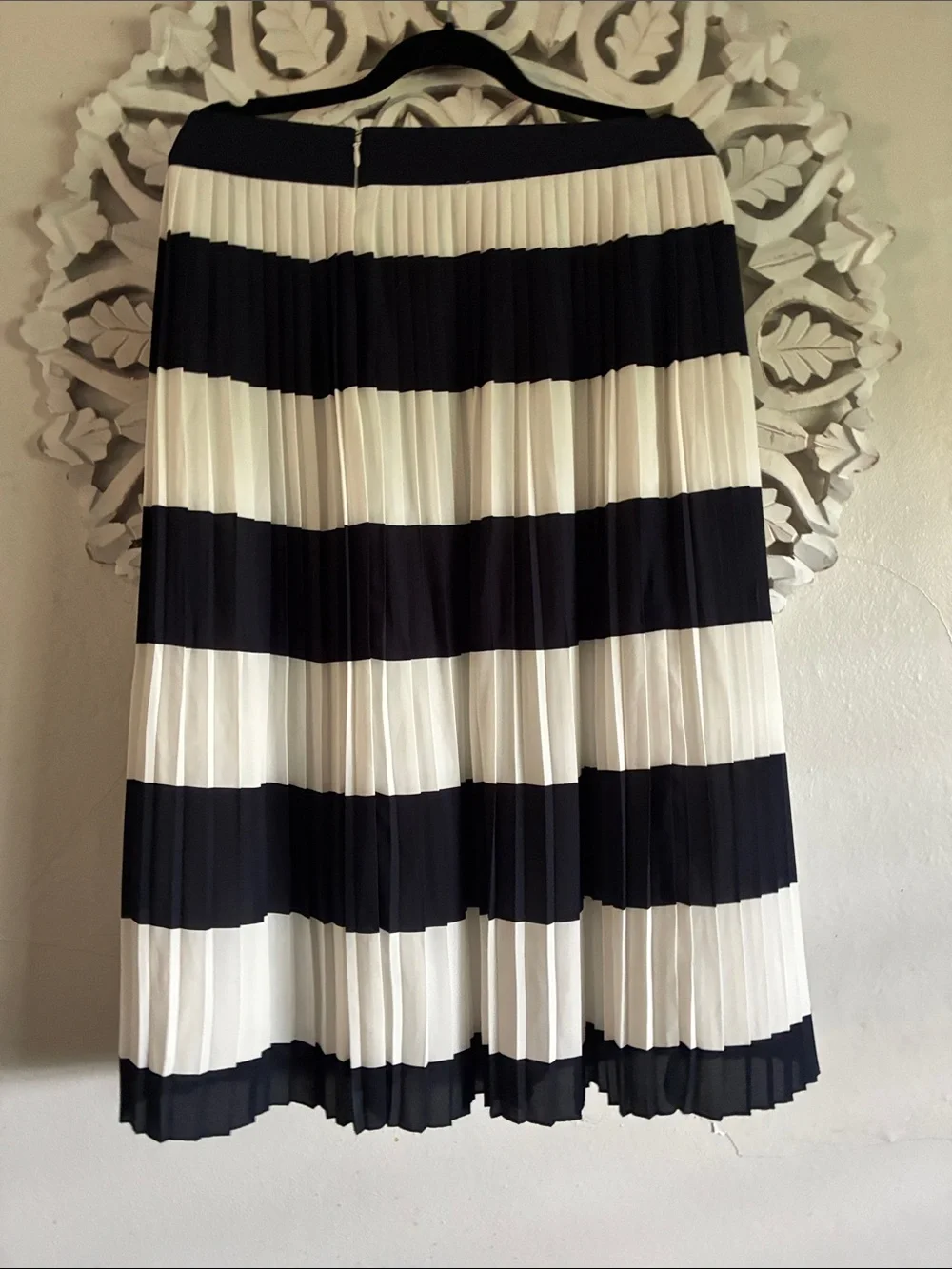 J. Crew Black and White Striped Pleated Midi Skirt